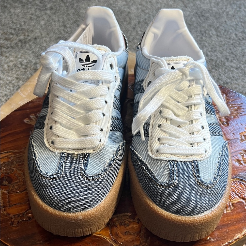 Denim Platform Samba Sneakers in Light Blue, Dark Blue & White.